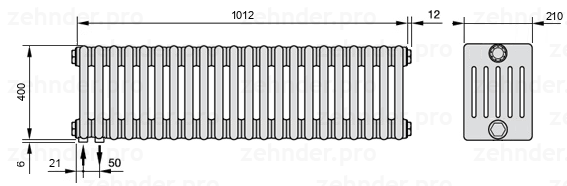 Схема (чертеж) Радиатор Zehnder Charleston 6040/22 №3370 Белый глянцевый RAL 9016